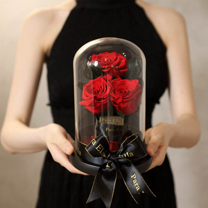 三朵永生玫瑰花玻璃罩礼物保鲜干花七夕情人节送女友老婆表白求婚
