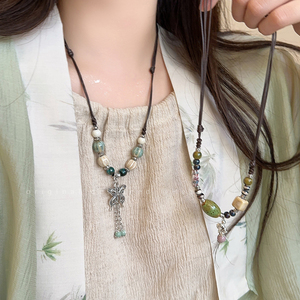 新中式陶瓷花朵串珠项链女复古国风配饰夏季小众设计感编织脖颈链