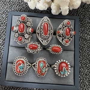 尼泊尔进口纯手工制作银饰925银天然海底红宝石复古开口银戒指