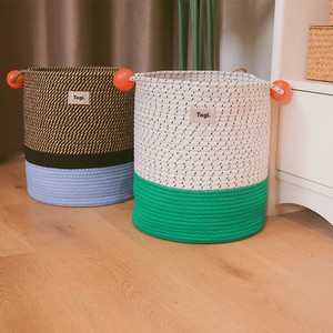 棉线收纳筐机灵木球拼接色棉绳编织零食玩具整理篮家用卧室脏衣桶