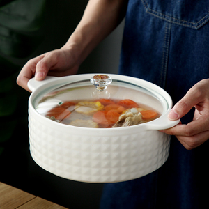 陶瓷带盖汤碗 家用大号双耳微波炉碗 日式汤盆纯白盛汤碗