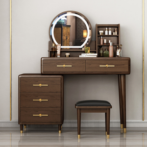 新中式实木梳妆台卧室现代简约化妆桌台带灯收纳柜一体新款化妆柜