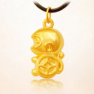 香港代购3D黄金小猴子黄金项链吊坠可爱孙悟空钱币十二生肖猴挂坠