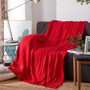 喜庆纯棉红色简约现代沙发毛线毯子客厅全棉质结婚纯色酒店床尾毯