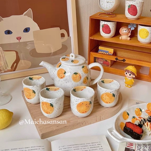 日式ins风纯手绘可爱小清新水果图案凉水壶泡茶陶瓷茶壶套装家用