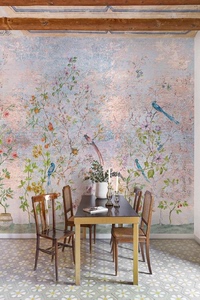 高端设计！法式花鸟粉色背景墙壁纸西班牙壁画Tea GardenGold墙布