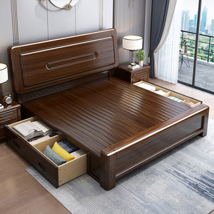 金丝檀木新中式双人床2.0米x2.2米主卧1.8米简约储物加厚实木大床
