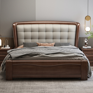 中式实木床胡桃木带储物家用卧室轻奢软靠双人床现代简约主卧大床