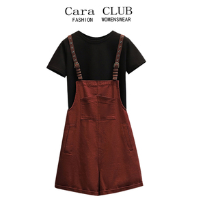 Cara CLUB大码显瘦减龄遮肉套装女夏季休闲T恤时尚背带短裤两件套
