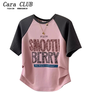 Cara CLUB大码时尚拼接圆领短袖正肩女T恤夏季设计感字母印花上衣
