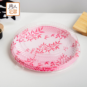 一次性圆形寿司餐盒木纹日式商用可爱外卖牛肉1号三文鱼刺身 拼盘