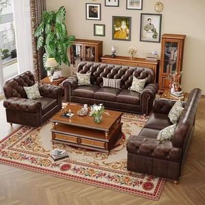 美式沙发复古做旧三人拉扣沙发工业风油蜡皮真皮头层牛皮意式客厅