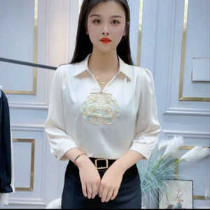 新中式国风刺绣雪纺衬衫女春装2024新款单排扣长袖小衫设计感上衣