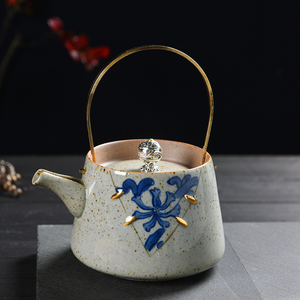 青花茶壶粗陶提梁壶 陶瓷茶壶 家用水壶复古日式小茶壶普洱茶壶