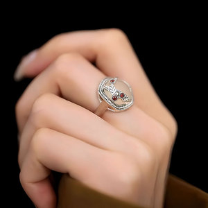 天然和田玉髓髓帽子戒指女士复古高级感小众设计S925银开口食指环