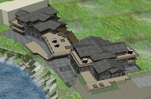 中式坡屋顶别墅木质结构民宿客栈度假村旅舍宾馆建筑设计su模型