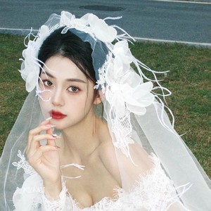 韩式新款蕾丝花朵羽毛头饰森系新娘头纱婚纱礼服发饰结婚拍照道具