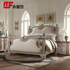 美式轻奢家具复古做旧灰色实木床欧式床法式乡村风格雕花大床定制