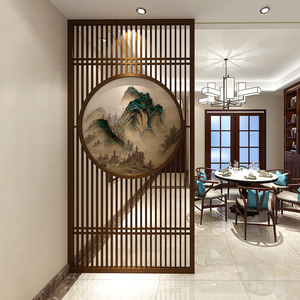 新中式客厅办公室酒店实木镂空隔断墙木格栅圆形定制屏风玄关隔栅