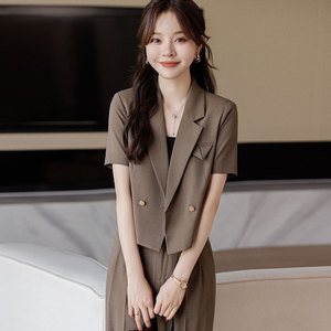 深咖色西装套装女夏季职场轻熟风时尚韩版休闲小个子短袖西服外套