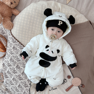 婴儿熊猫加绒夹棉哈衣连体衣服秋冬季天款装宝宝超萌洋气外出加厚
