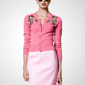 2024春季新款女装长袖时尚粉色毛衣女短款潮薄款修身针织开衫外套