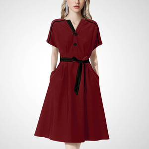 短袖红色洋气复古连衣裙女夏季2024新款气质收腰显瘦a字中长裙子
