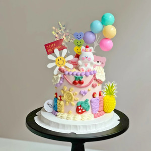 烘焙ins生日蛋糕装饰插件卡通派对帽小兔子小熊摆件笑脸气球插件