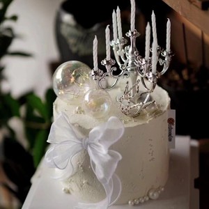 复古欧式银色烛台蛋糕装饰蝴蝶结丝带摆件女神生日甜品台装扮插件