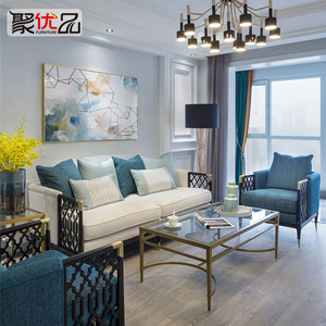 美式轻奢实木布艺沙发地中海风格客厅家具组合新中式双人沙发椅