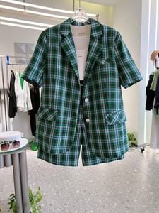 伊纳芙女装专柜正品2023夏季爱尔兰绿格西装外套  中裤都有款多+V