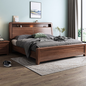 胡桃木实木床现代简约中式北欧轻奢1.8米双人床1.5单人床储物主卧