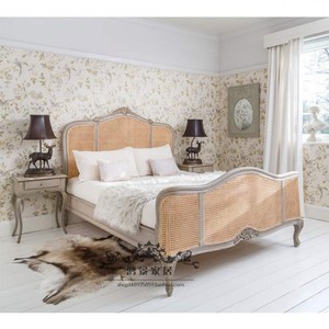 欧式实木床雕花做旧藤艺床美式外贸出口藤编双人床主卧床法式婚床