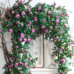 仿真玫瑰花藤条绢布假花空调吊顶室内室外围栏围墙装饰可水洗