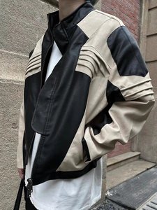 欧美hiphop外套撞色拼接设计感短款机车服皮衣夹克男潮高级感上衣