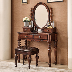 美式复古黑胡桃木梳妆台卧室小型中古皮凳旋转妆镜1m全实木化妆桌