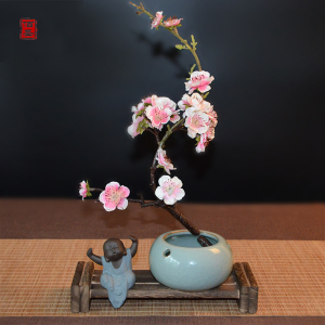 现代中式简约禅意陶瓷花瓶仿真梅花套装摆件客厅插花软装假花带座