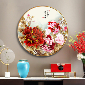 新中式客厅装饰画玄关牡丹花餐厅挂画轻奢现代沙发墙画圆形壁画