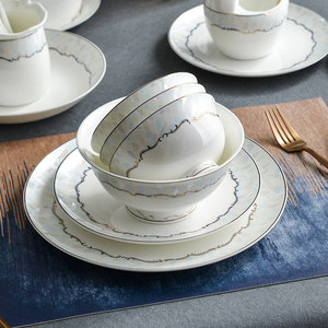 唐山骨瓷碗碟套装家用轻奢高级感乔迁餐具2024新款陶瓷美式碗盘子