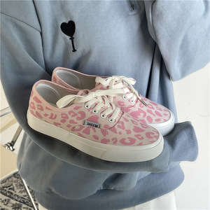 万斯邱瑞特韩版豹纹粉色帆布鞋学生ins复古滑板鞋女夏季低帮鞋