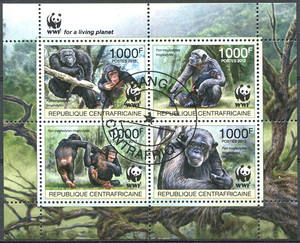 786：中非2012年 WWF动物 黑猩猩 信销票 小全张 外国邮票