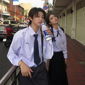 泰式夏季情侣装学生jk制服学院风紫色长袖泰国校服衬衫上衣女套装
