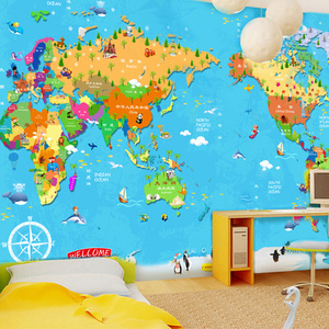 地中海壁纸儿童房壁画大型卡通卧室客厅环保墙纸益智个性世界地图
