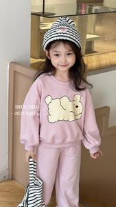 韩版儿童上衣24春季新款女童洋气休闲卡通粉紫卫衣套装