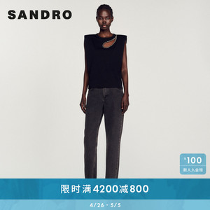 SANDRO经典款女装法式优雅水钻黑色针织无袖垫肩T恤SFPTS01259