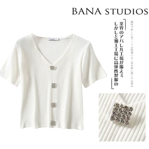 BANA女2019夏季新款v领亮钻钮扣装饰修身显瘦纯色百搭短袖针织T恤