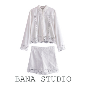 BANA外贸原单出口法式宫廷风高级感白色蕾丝长袖衬衫短裤高腰套装