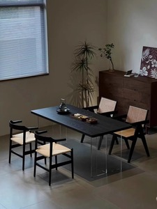 侘寂风碳化黑色实木餐桌会客接待长桌工作台创意茶桌亚克力悬浮桌