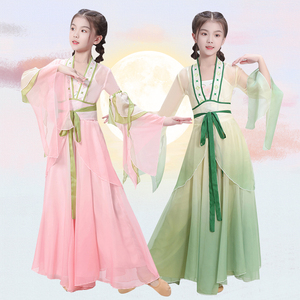儿童古典舞演出服飘逸女童中国舞身韵纱衣超仙古风舞蹈裙粉色套装