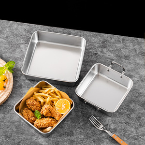 正方形不锈钢小吃托盘平底方盘创意韩式带耳炸鸡盘子商用烧烤盘